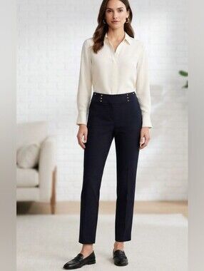 ANNE KLEIN Navy Blue Gold Studded High Waisted Slim Dress Pants Size 6